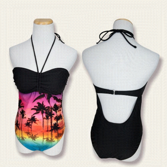 Ocean Pacific OP Womens Size Medium Black Palm Tree Sunset One Piece Swimsuit - Picture 1 of 10